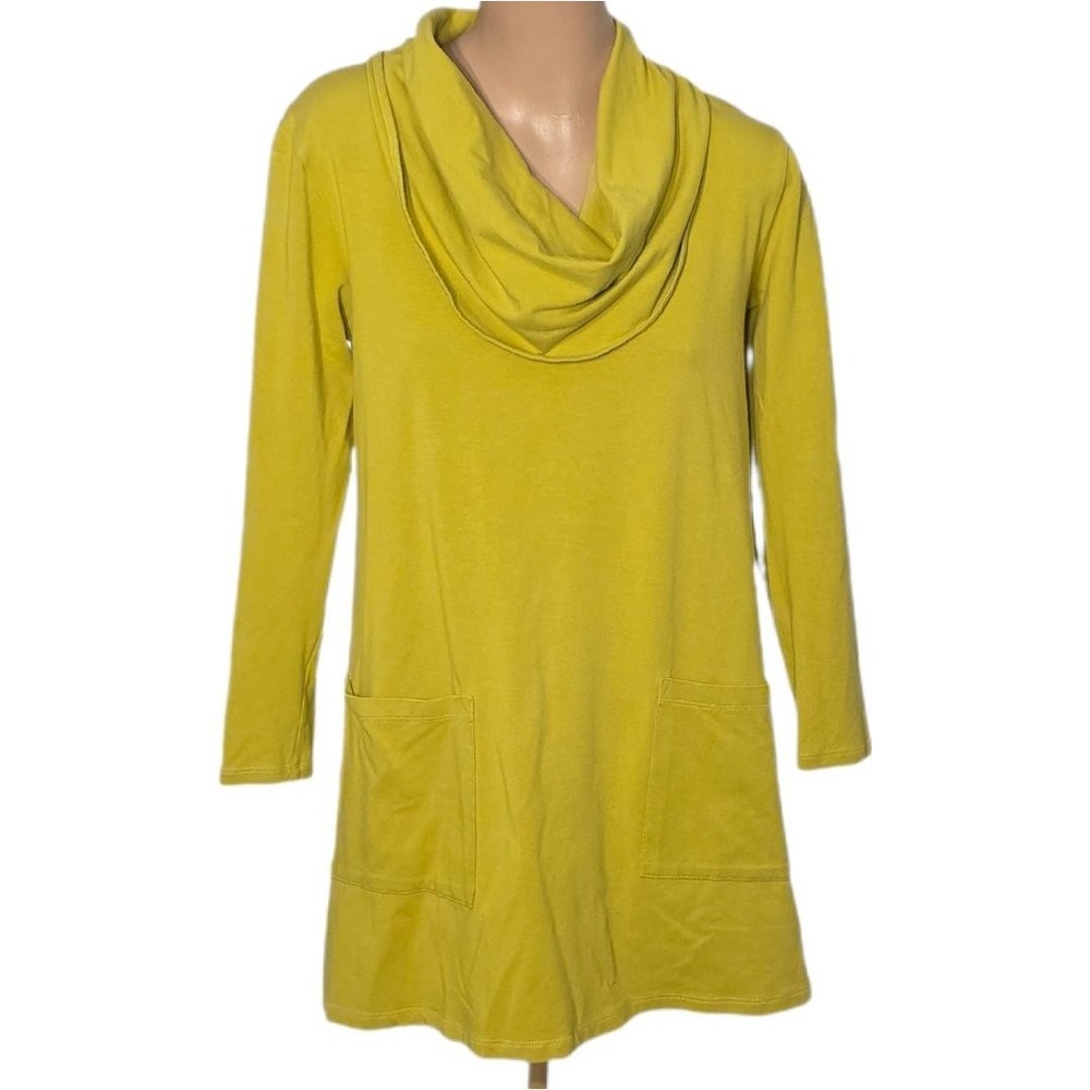 Match Point Tunic Pullover Womens Small Yellow Cowl Neck Pocket Soft Stretch USA